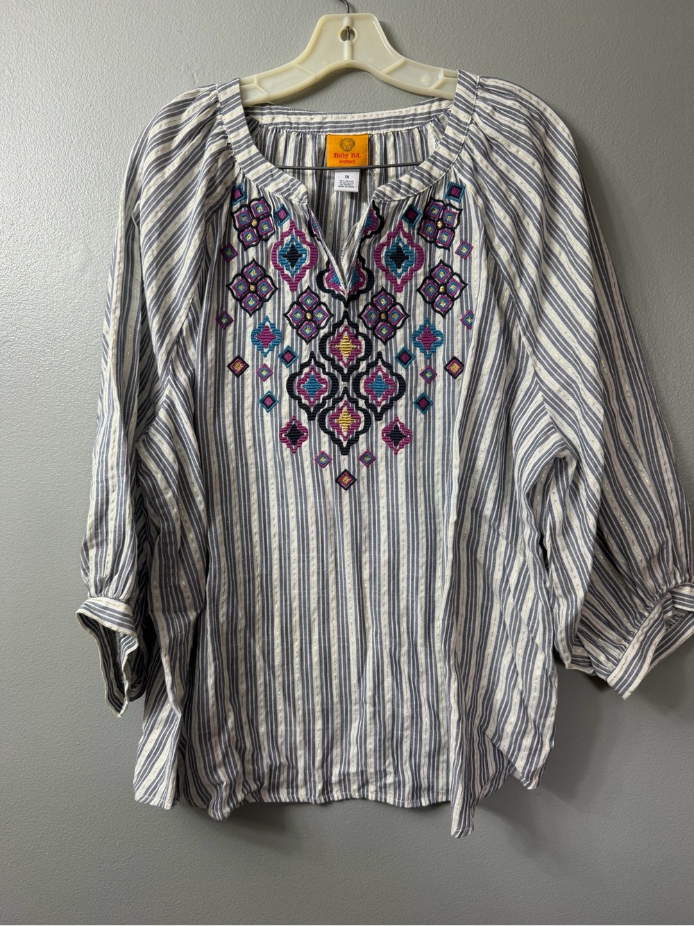 Ruby Rd. peasant tunic geometric pattern Embroidered Stripe Tunic Top - 1x